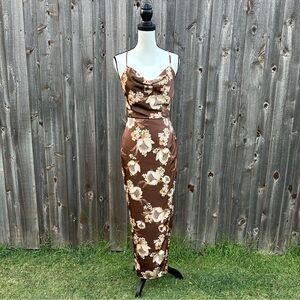 Aakaa Brown Satin Floral Cowl Neck Maxi Dress